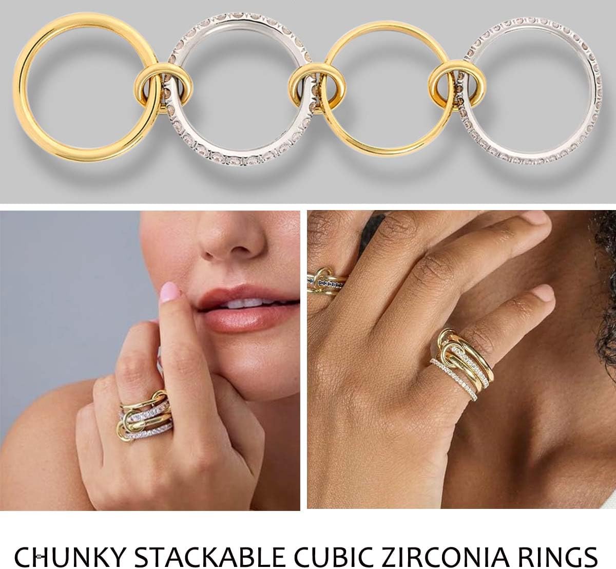 Gold Stackable Rings for Women, Non Tarnish Dainty Stackable 18k Gold Plated CZ Cubic Zirconia Rings, Multi-Link Connected Knuckle Women Rings Set - Image 4