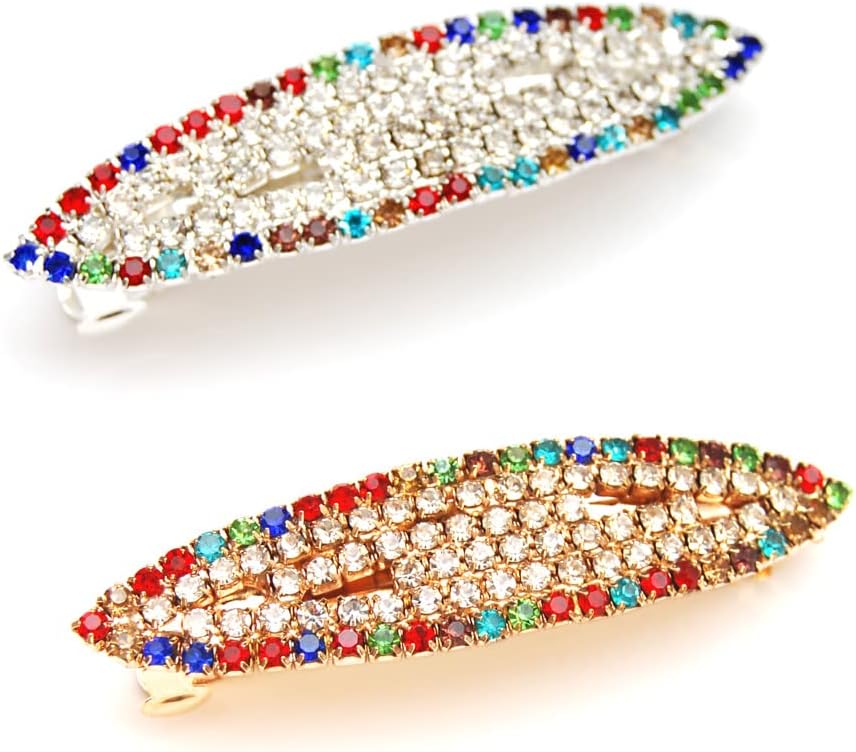 Clear Fancy Rhinestone Crystal Hair Barrette Clip Hair Pin (Pack 2, Silver & Gold Tone_E)