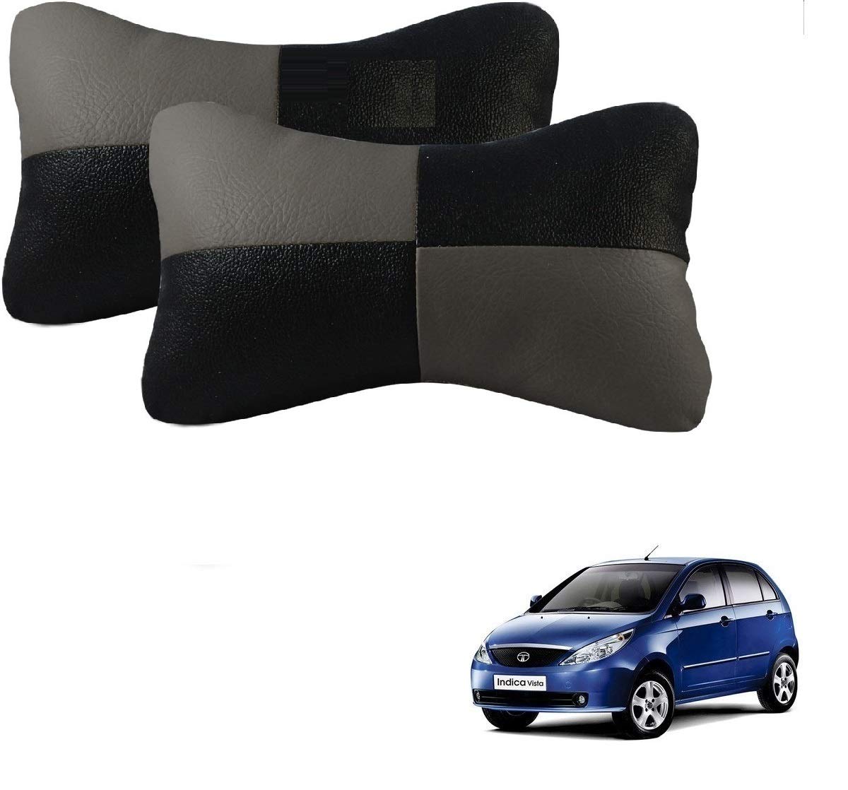Kozdiko Square Grey Black Neck Rest Leatherite Car Neck Pillow Cushion Set of 2 Pcs for Tata Indica Vista-picture-0