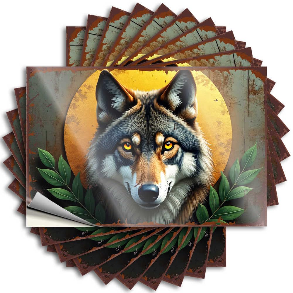 Tattoo Porch Decorations Outdoor Custom Stickers, Water Waterproof Wolf Portrait with Golden Background and Green Leaves for Hydro Flask | Mini Vinyl Decals for Boys Holiday Gift(8X12CM)