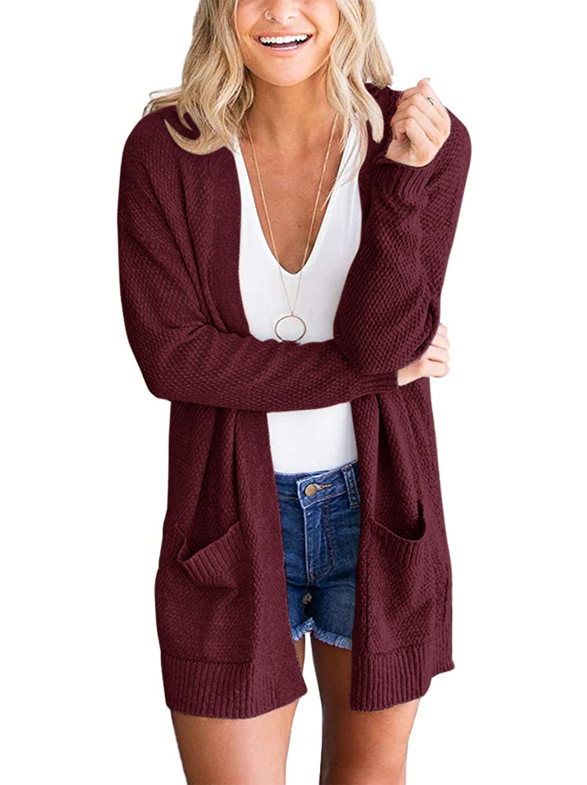 MEROKEETYWomen's 2024 Long Sleeve Waffle Knit Cardigan Open Front Cozy Sweater Coat with Pockets