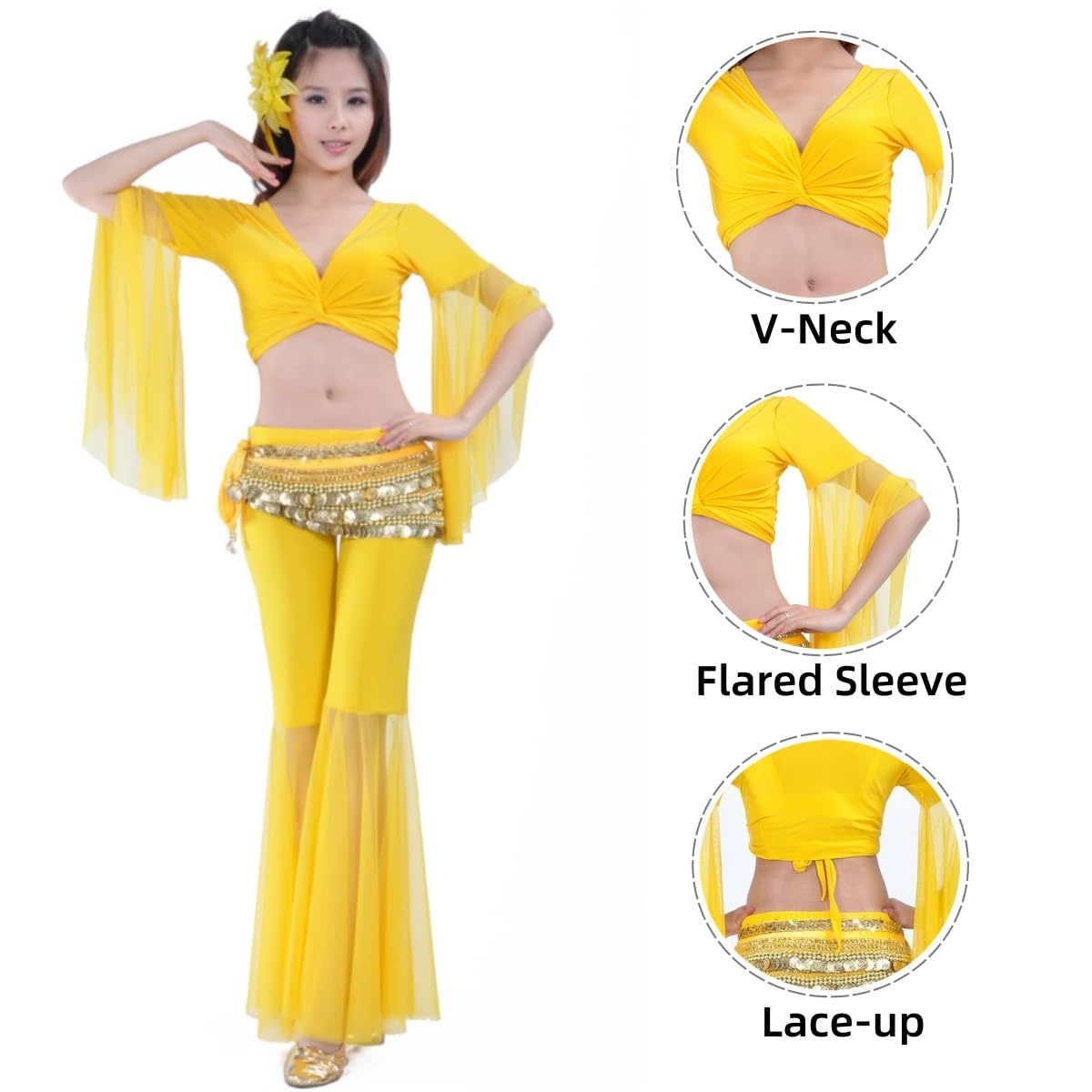 Blusa de baile con mangas acampanadas para mujer, cuello V mangas 3/4 de tul, blusa cruzada para danza del vientre tribal, camisa con cordones blusas borlas for festivales, discotecas ropa de baile