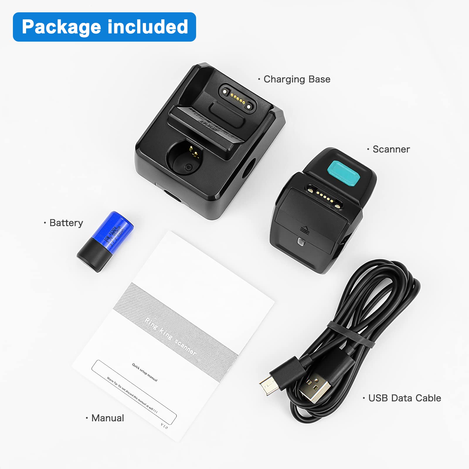 NETUM Mini lettore di codici a barre ad anello wireless 2D Bluetooth, lettore di codici a barre indossabile con base di ricarica e memoria incorporata, scansione rapida e precisa - RS9000