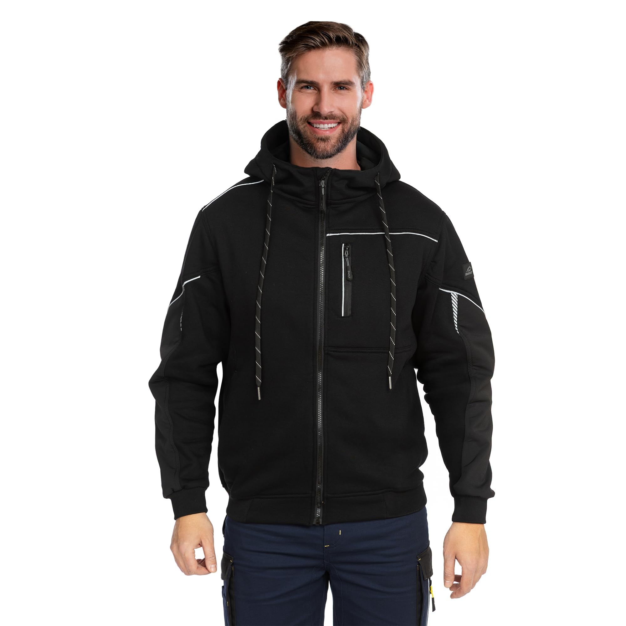 BWOLF DAYTONA Chaqueta de trabajo para hombre con capucha con cremallera - Sudadera con capucha y detalles reflectantes, bolsillo en el pecho y codo reforzado