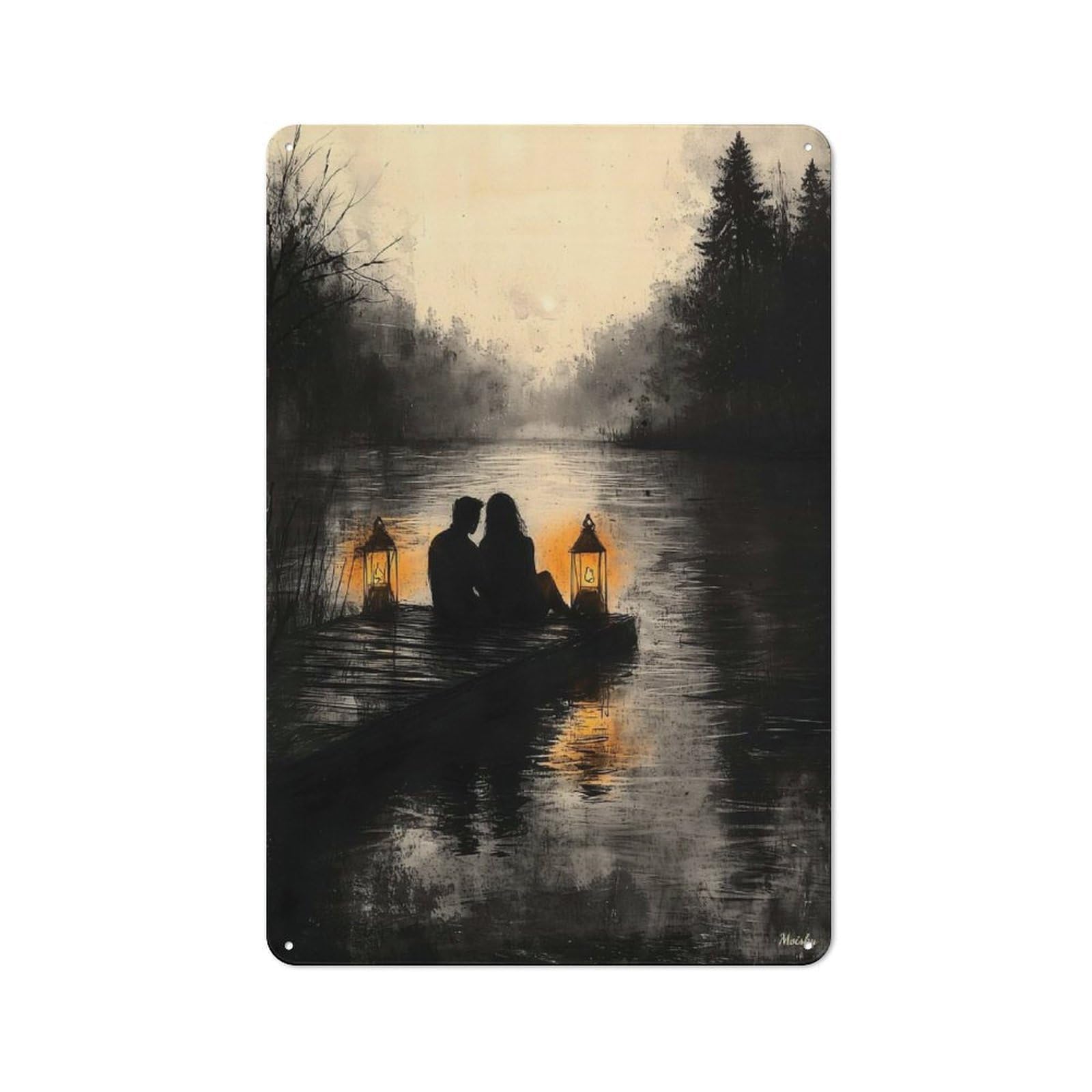 Junmoney Romantic Lake Sunset In Monochrome Style Understated Office Metal Sign 30X20cm Featuring Study Room Decor For Home Office, Reading Corner Or Bedroom