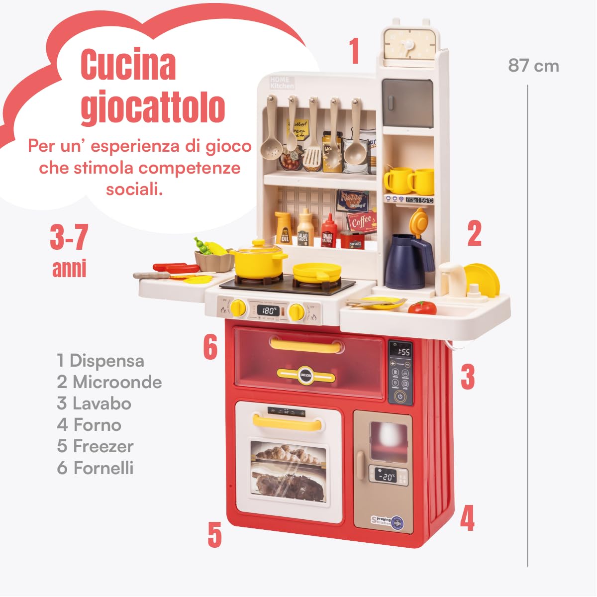 Baroni Toys Cucina Giocattolo Interattiva con Suoni Reali, Cucina con Forno, Fornelli, Microonde, Freezer e Lavabo, 47 Accessori Inclusi, Cucina Gioco Bambini e Bambine dai 3 ai 7 Anni, Altezza 88 cm