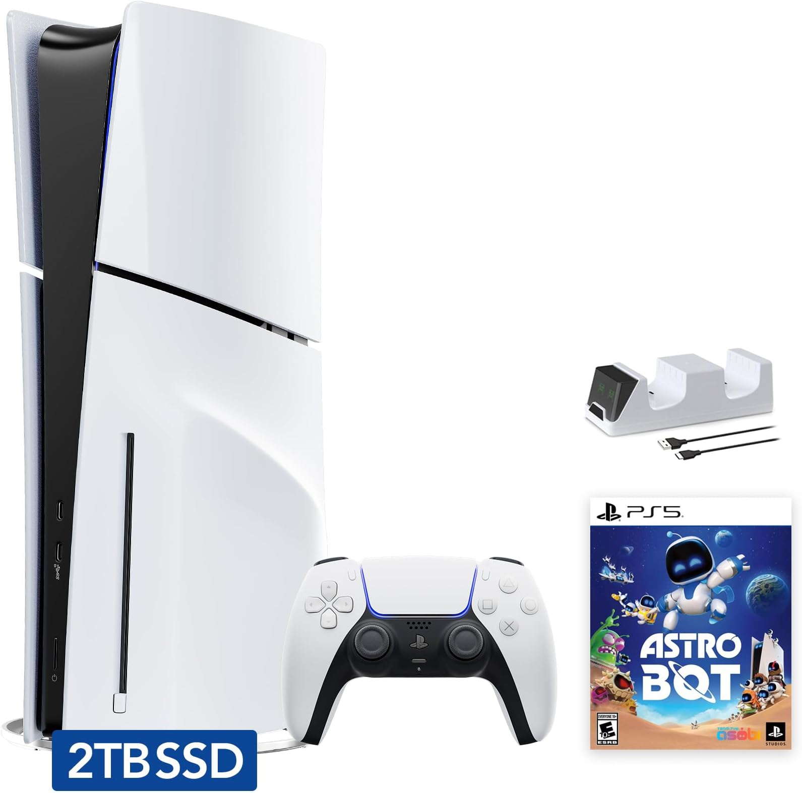 Sony PlayStation 5 Slim Disc 2TB SSD Edition Bundle with Astro Bot and C-Gamers Dual-Controller Charger - PS5 Upgraded with 2TB Ultra Fast SSD, White (Renewed)
