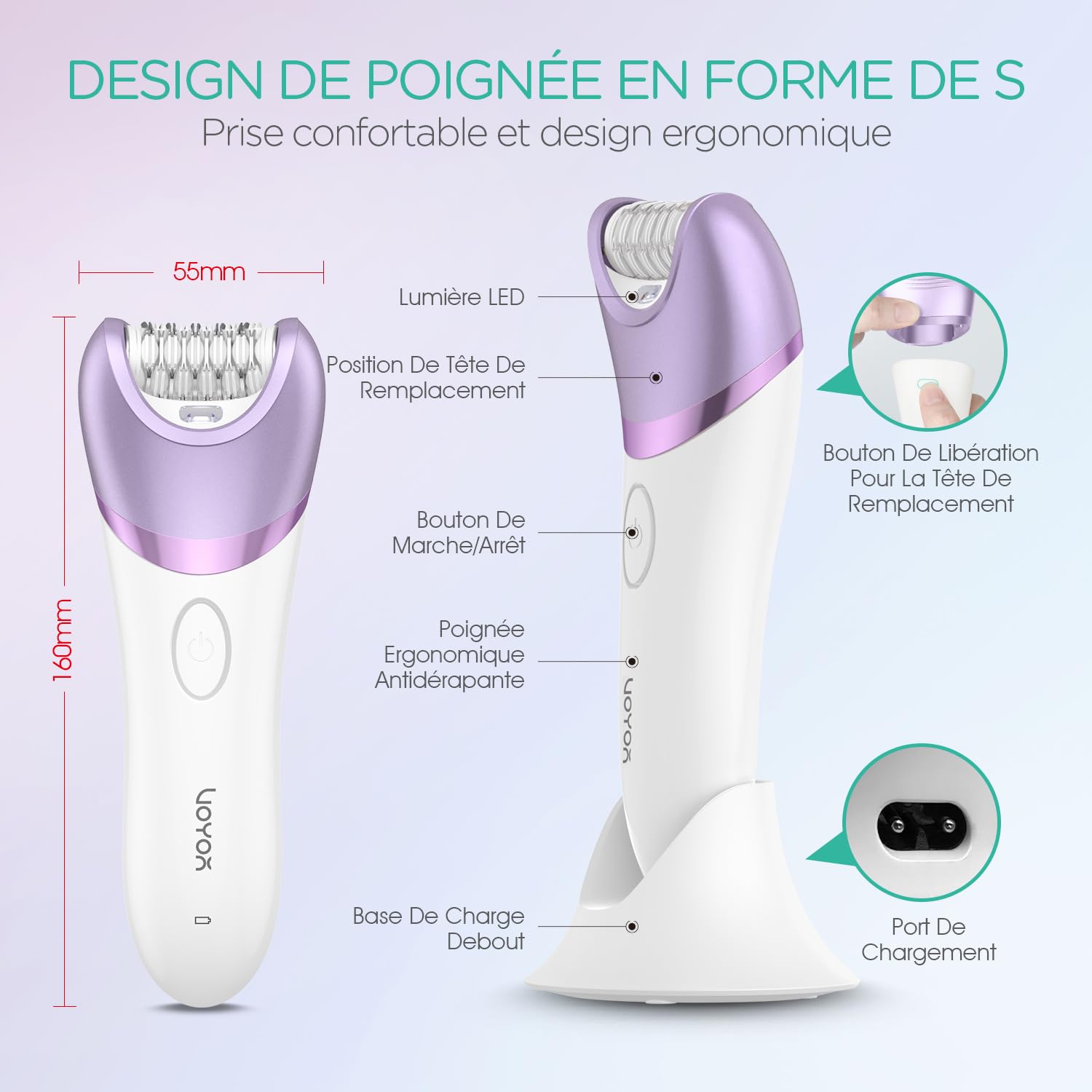 VOYOR Épilateur Électrique Femme, Epilation avec Tête De Rasage Et Tondeuse pour l'épilation du Corps, Rechargeable et Sans Fil, Humide et Sec, Couvert 30 Pinzetten, Lumière LCD BM300 (Violet)