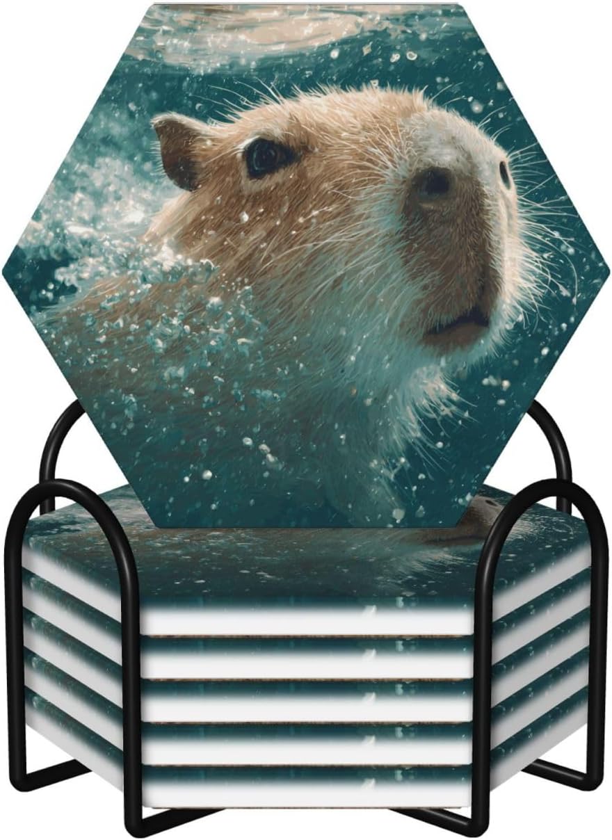 (Capybara) Ceramic Coasters Set of 6 with Holder Non-Slip Hexagon Coffee Coasters for for Cup Mug Drink Patio Coffee Table Decor, Christmas Coasters Home Bar Supplies