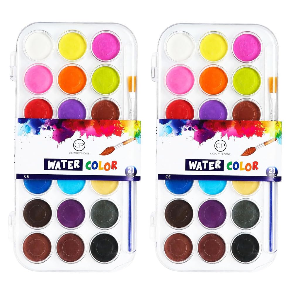 Creativity Point Watercolour Paint Set for Kids - 2 Pack with 21 Vibrant Colours & Brush - Portable Children's Painting Kit for Beginners, School Art