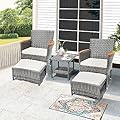 5 Piece Outdoor Patio Furniture Set with Table&Ottoman Outdoor Furniture Patio Set Bistro Wicker Patio Set of 2 Outside Lawn Chairs Conversation Sets for Porch Balcony Deck(Gray Wicker&Beige Cushion)