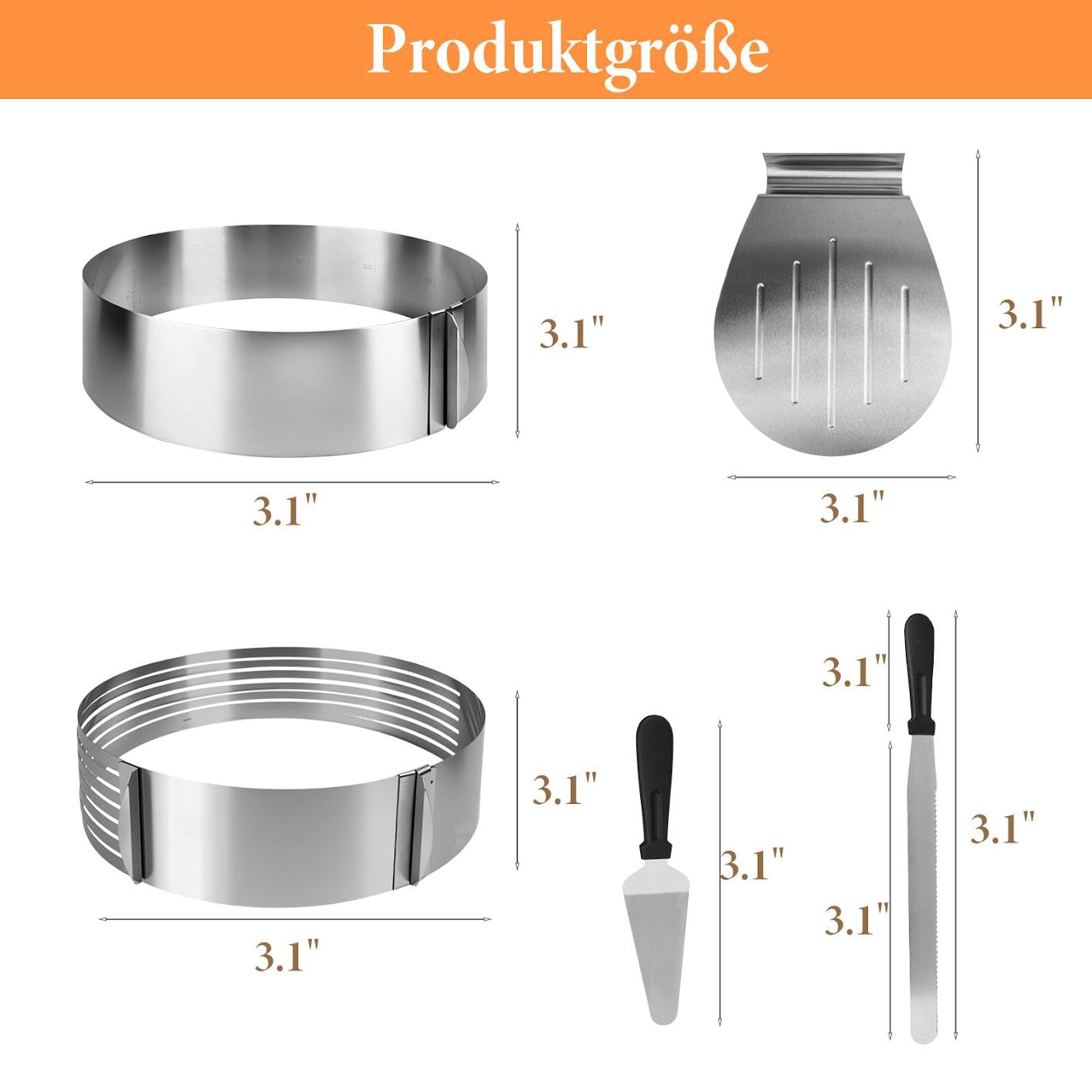 BestYiJo Juego de anillos para tartas ajustables de acero inoxidable (5 piezas), cortador de tartas y base para tartas (16 – 30 cm), incluye soporte para tartas, cuchillo y pala para tartas