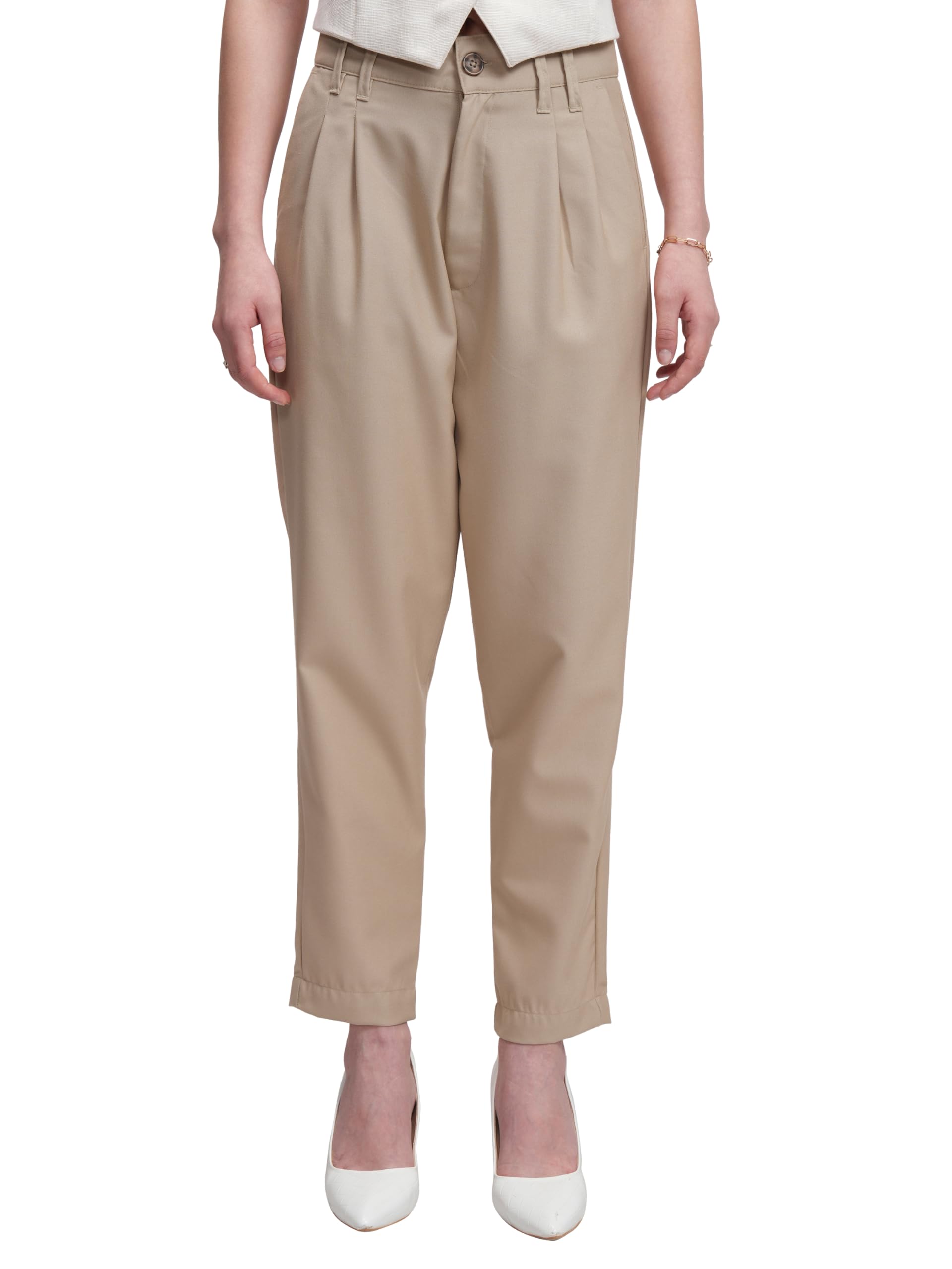 Tokyo Talkies Women's Tapered Fit Peg Trousers | Stretchable Trousers| Mid-Rise in neutral