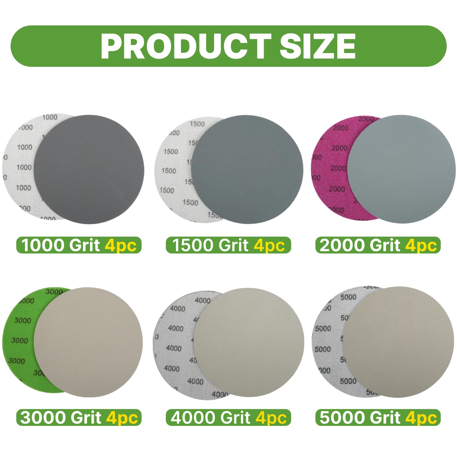 24 piezas de discos de lijado de 125 mm con, granos 1000/1500/2000/3000/4000/5000, rollo de papel de lija para lijar madera, discos de lijado para húmedo seco para madera, metal y automóviles.