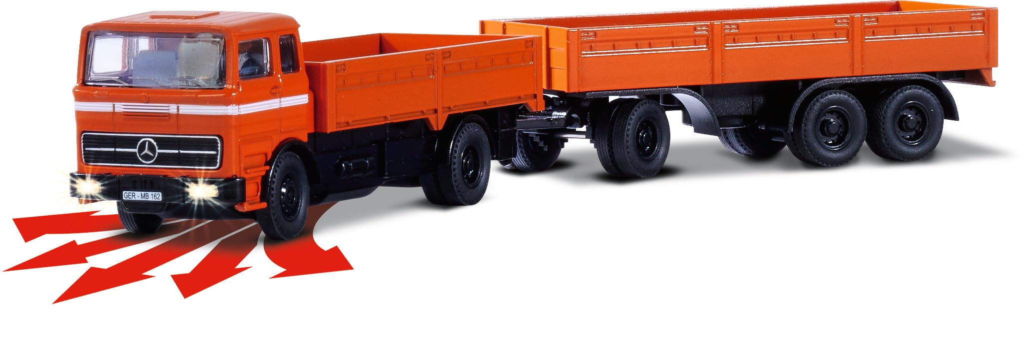 Carson 1:87 MB 1620 Pritsche mit Anhänger 100% orange - Fahrfertiges Modell, RC Auto, H0 Auto,RC Modell,Diorama Fahrzeug, Ferngesteuerter LKW, Remote Controled Truck