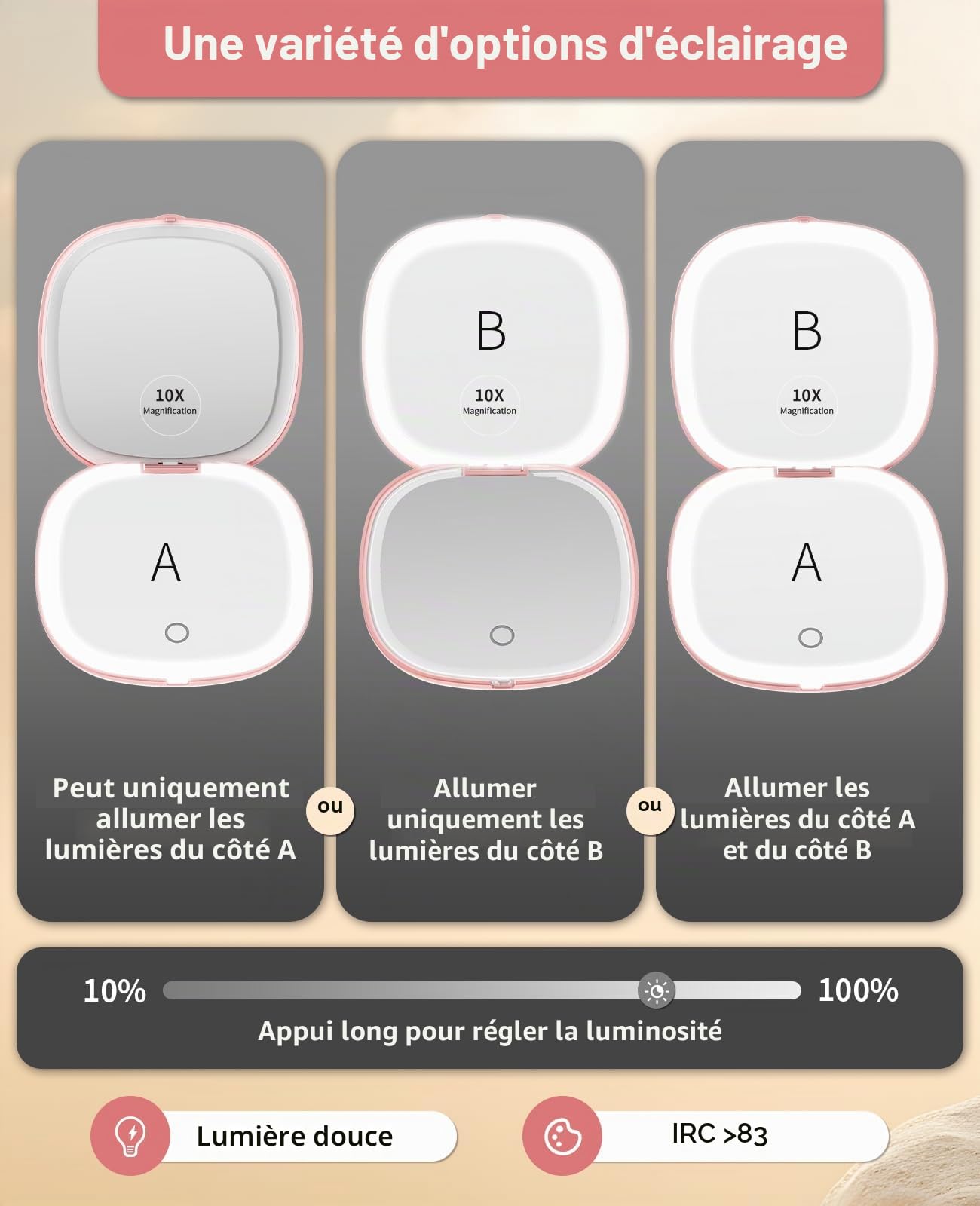 WOBSION Miroir de Poche Rechargeable, Miroir de Voyage Grossissant 1x/10x avec Lumière LED, Miroir de Maquillage Double Face pour Sac à Main, 10cm, Or Rose