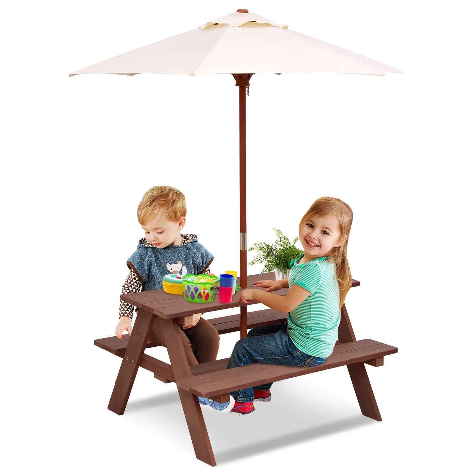 FANTASK Tavola da picnic per bambini con ombrellone rimovibile, tavolo da picnic in legno di abete per esterni