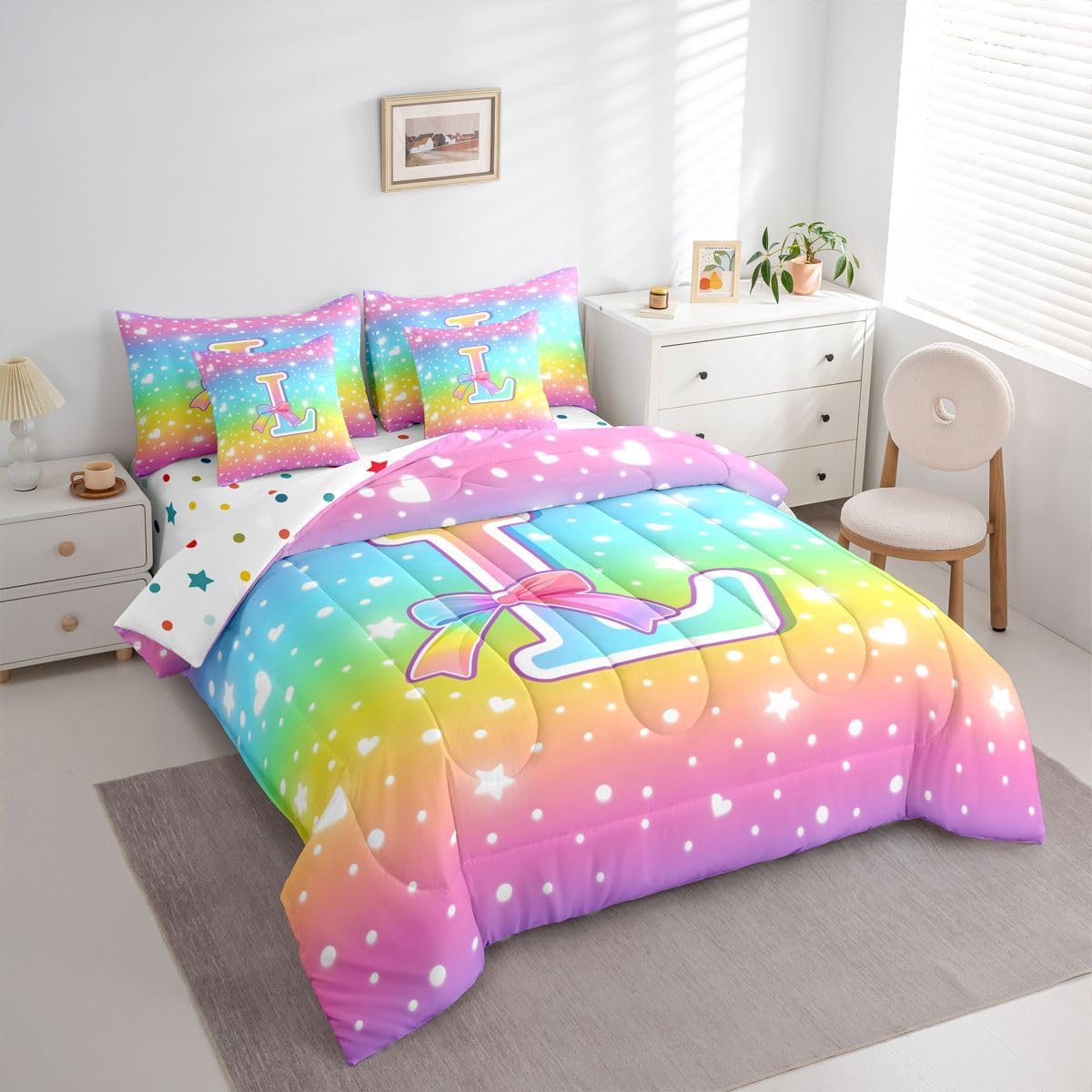 Erosebridal Rainbow 7 Piece Comforter Set Twin | Initial Letter L Bed in A Bag Kawaii Coquette Bowknot Bed Sheets Reversible Cute Rainbow Ombre Princess Bowknot Fitted Sheet Breathable Lightweight