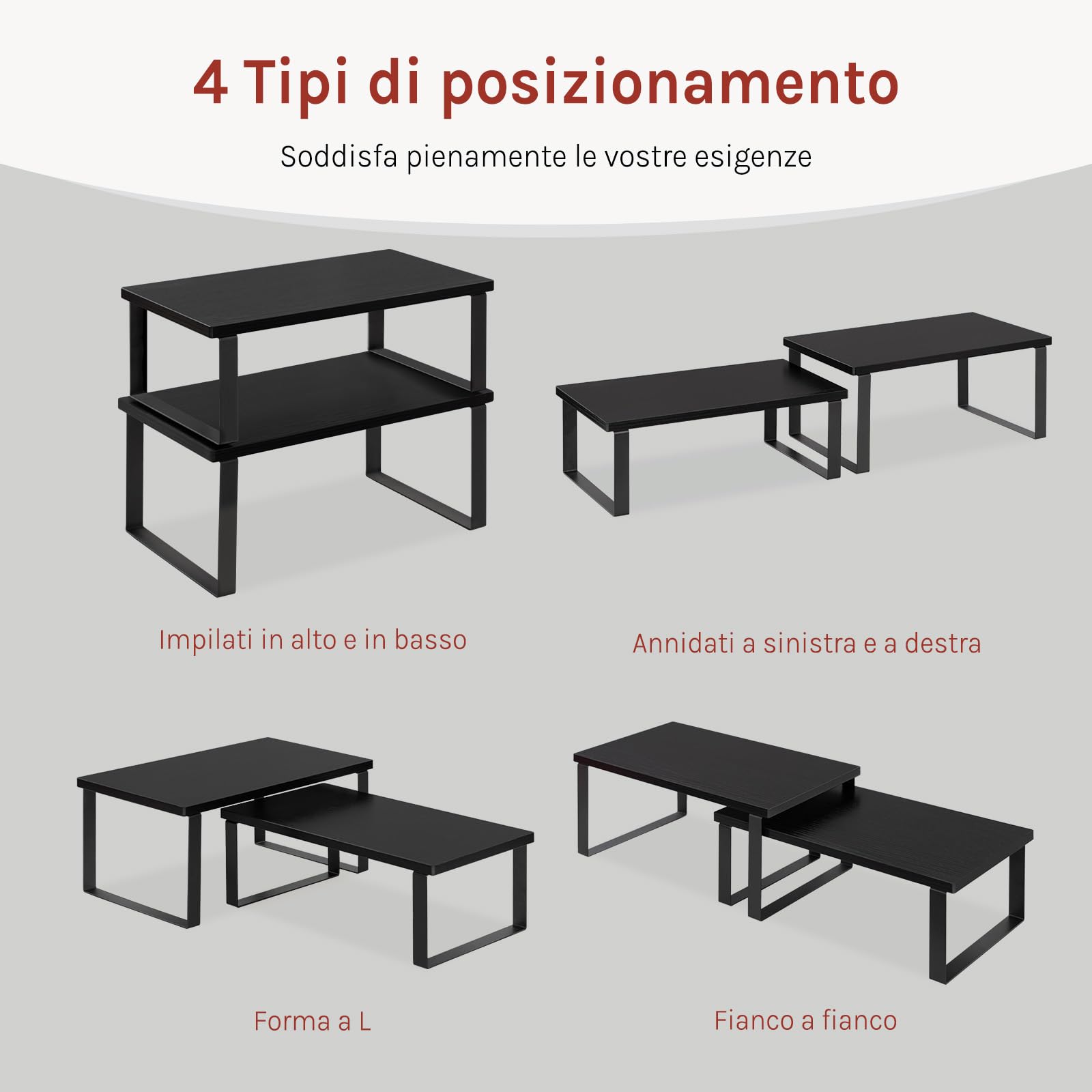 WOLTU Set di 2 Scaffali da Cucina, Porta Spezie Impilabili, Organizer da Cucina in MDF, Scaffali Indipendenti per Armadietti, 34x19,5x15,5+34x18,5x12,5 cm, Nero