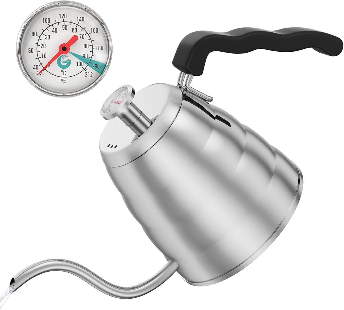 Coffee Gator Gooseneck Kettle with Thermometer - 40oz Premium Stainless Steel Pour Over Coffee Maker Kettles, Stove Top, w/Precision Drip Spout, for Drip Coffee, French Press, Tea Kettle, 5 Cup, 1.2L