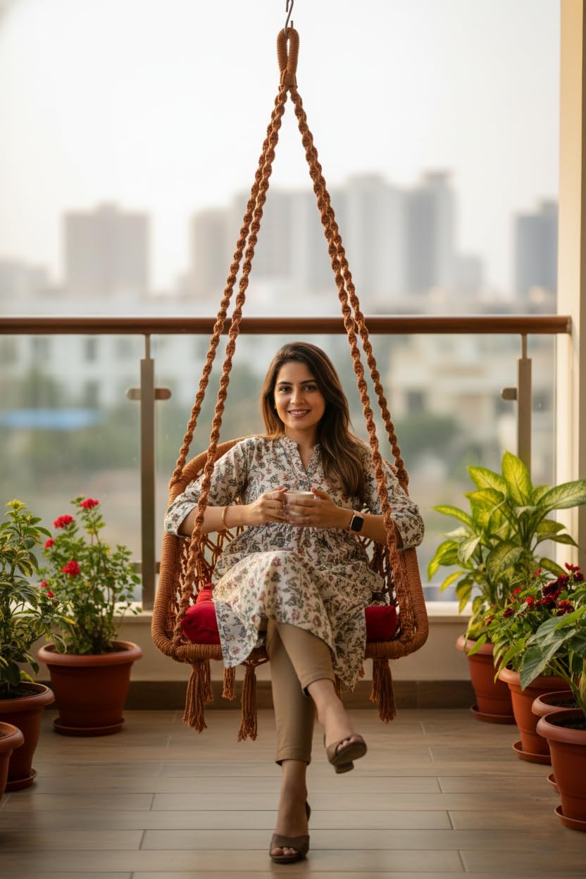 Patiofy D Shape Wooden Swing for Adults & Kids - Balcony & Garden - Cotton, Brown, 40 Cm, Includes Hanging Kit & Red Cushion-image-34