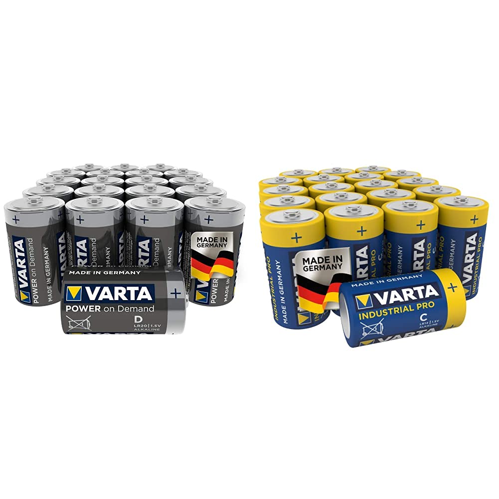 VARTA Power on Demand D Mono Batteries (20-pack, economy pack - smart, flexible and powerful, for mobile end devices) & Industrial Pro C Baby Alkaline Batteries LR14-20-pack