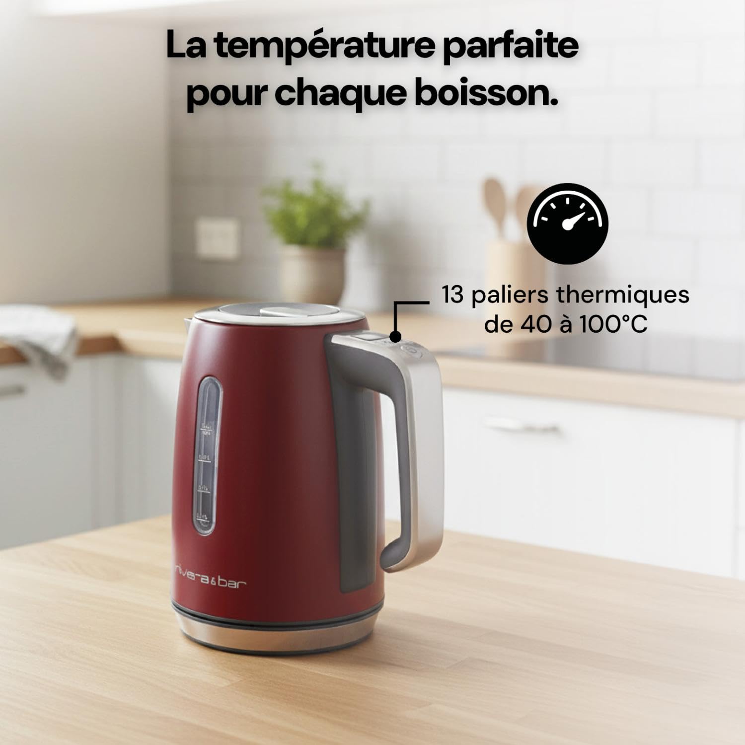 riviera&bar Bouilloire Inox 1L Deep Red - Puissance 2000W - Température Réglable 13 Niveaux - Affichage Digital - Sécurité Surchauffe et Manque d'Eau - Économie d'Énergie - Socle Pivotant 360°