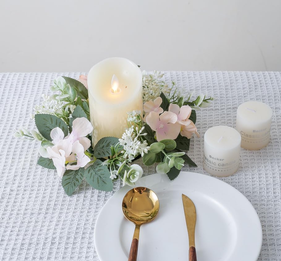 Huilimei 5 Pcs 25 cm Candle Rings Wreaths,Artificial Hydrangea Wreath Candles Wreaths for Pillars Christmas Wedding Home Table Party Decoration (Pink) - Image 3