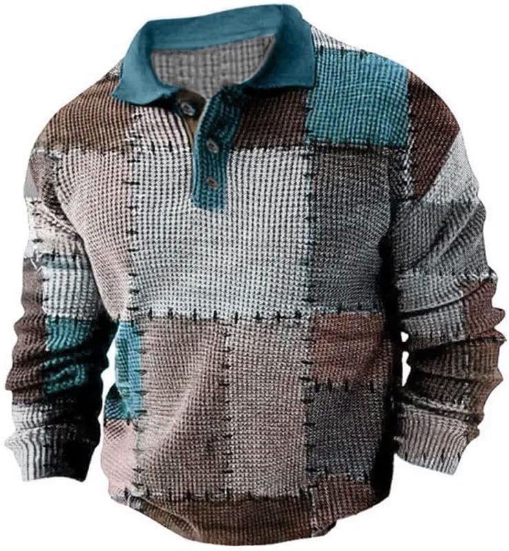 ShallWe Camisa polo de manga larga para hombre, ligera, con botones, bloque de color, patchwork, informal, camiseta de moda, ropa de calle, golf