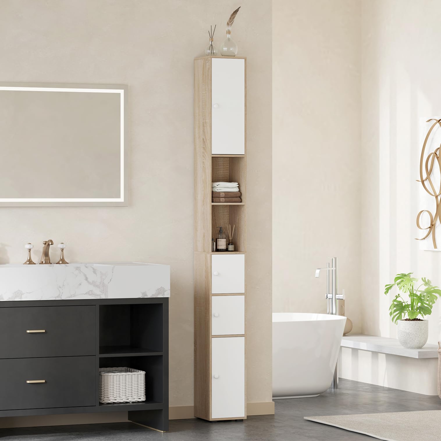 Homullel Tall Bathroom Cabinet, Freestanding Narrow Cupboard with 4 Doors & Open Compartments, Slim Tallboy Floor Storage Cabinet for Living Room Kitchen, 20x20x180cm (White+Maple)