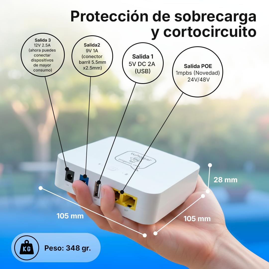 Mini UPS | Mini SAI AC-DC con Batería Interna 8800mAh | Salidas 5V/9V/12V/PoE | Ligero y Compacto Ideal para routers, cámaras IP, alarmas y Dispositivos DC, Protege Ante Cortes de luz y sobrecargas