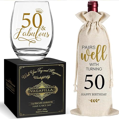 Combina bien con la bolsa de regalo de vino Turning 50 sin tallo y lino, 50 fabulosos con diseño de lámina dorada, regalo de cumpleaños para