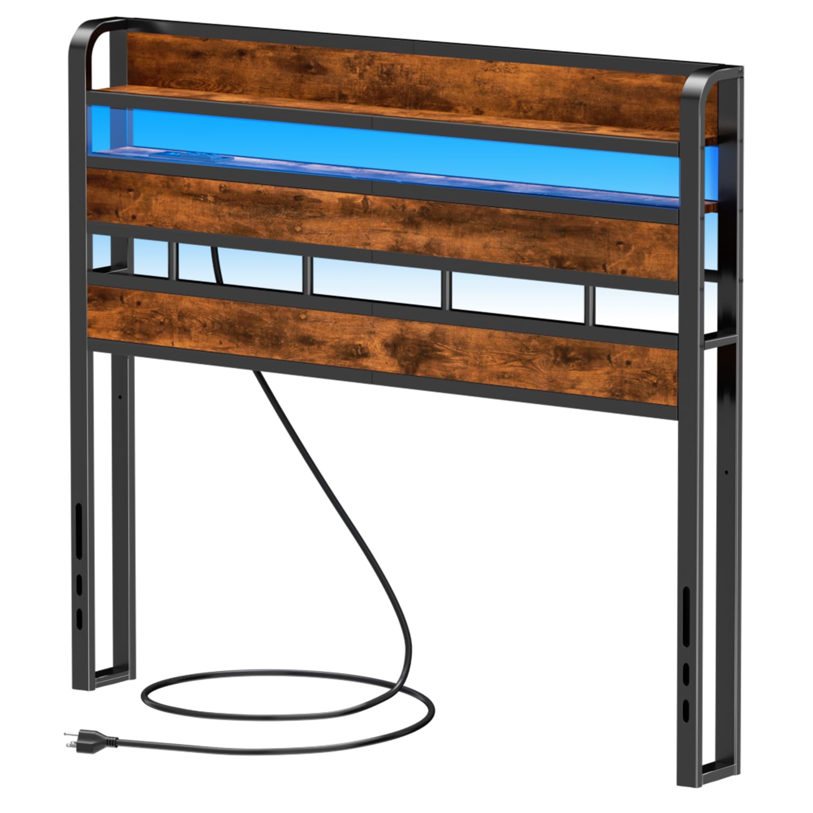 Furnulem Full Size Headboard Storage 2 Tier Headboards with USB Ports for Dorm LED Light College Head Board Shelf Height Adjustable Modern Style Cabeceras de Cama with Charging Station Rustic Brown
