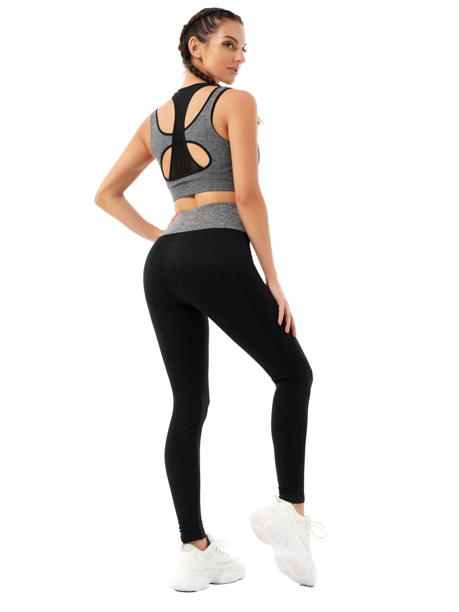 Mufeng Women High Waist Leggings with Sport Bra Tracksuit Lady 2PCS Seamless Yoga Gym Outfits Running Workout Set