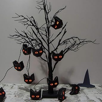 TWINKVILLA Halloween Lights String, Black Cat Light Battery Operated, 15 Orange Led with Black Paper Cat Lantern for Halloween Party Bedroom Mantle Fireplace Decoration