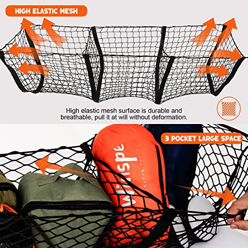 3 Pocket Stretchable Cargo Net Trunk Bed Organizer, Mesh Storage Net With 12 Metal Hooks And Mounting Screws, Heavy Duty Cargo Net For Pickup Truck Bed Toyota Car Boats Rv, 43.3X11.8 Inches #TOP2