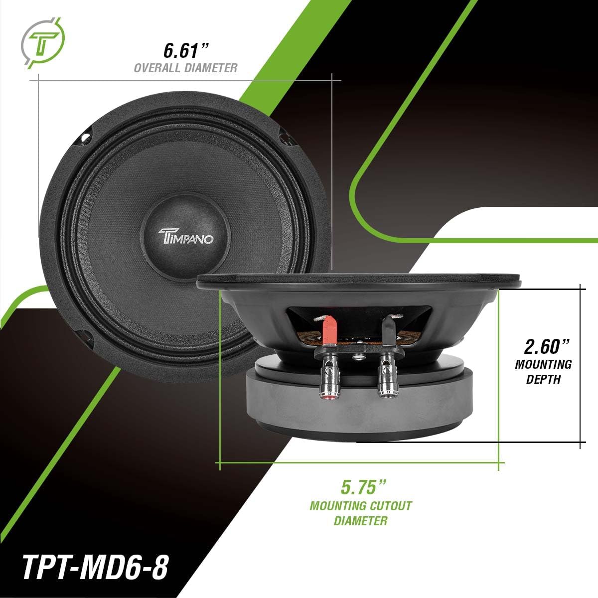 Timpano 6.5 Inch Premium PRO Audio Speaker 600 Watts TPT-MD6-8 Slim High Output 8 Ohm, Midrange Car Audio Loudspeaker Compact for Custom Doors (Single)