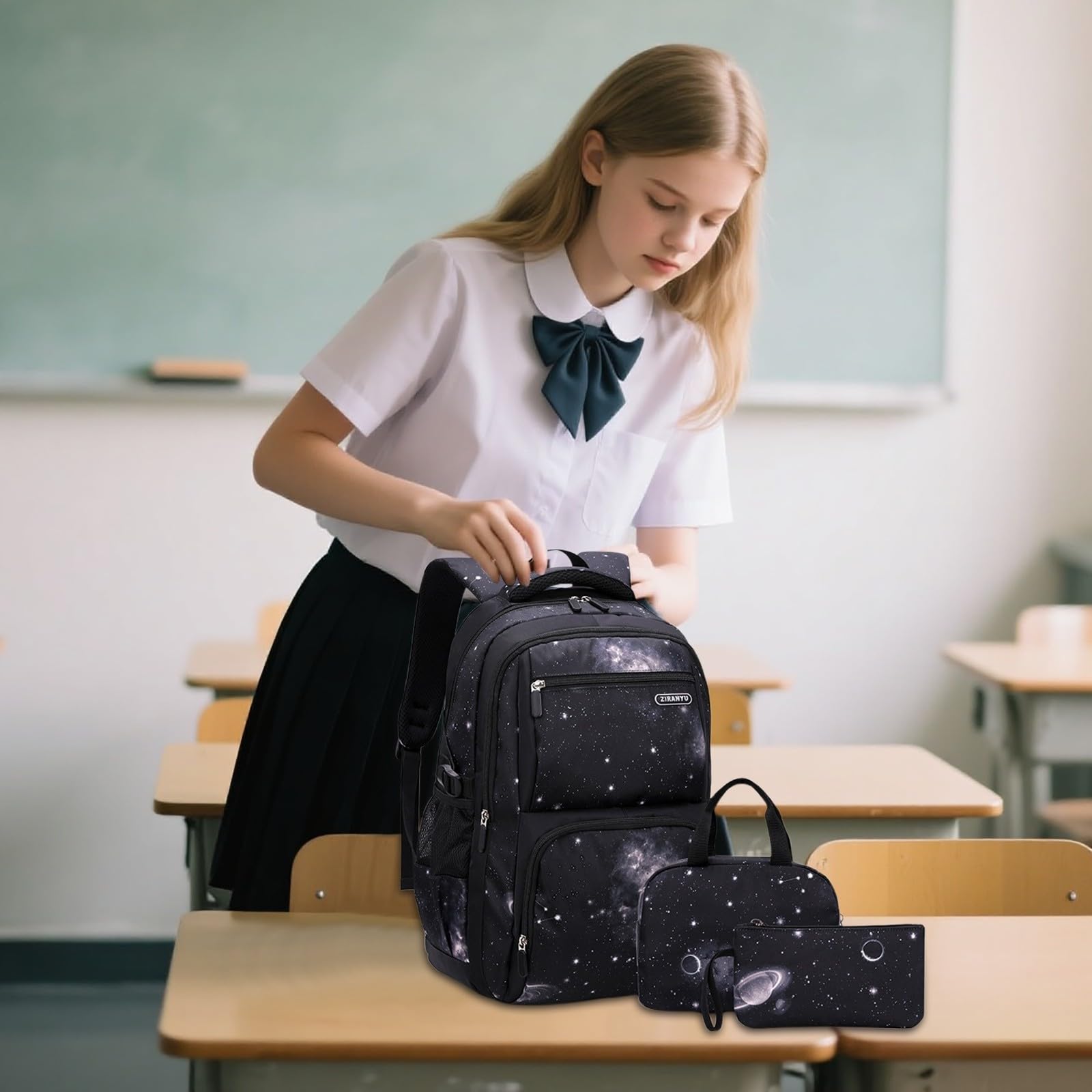 Zaino Scuola Elementare Bambino - Zainetto Bambina,Set di zaini per bambiniresistente zaino scolastico con matita e borsa per il pranzo zaino leggero per studenti(Black2 One Size)