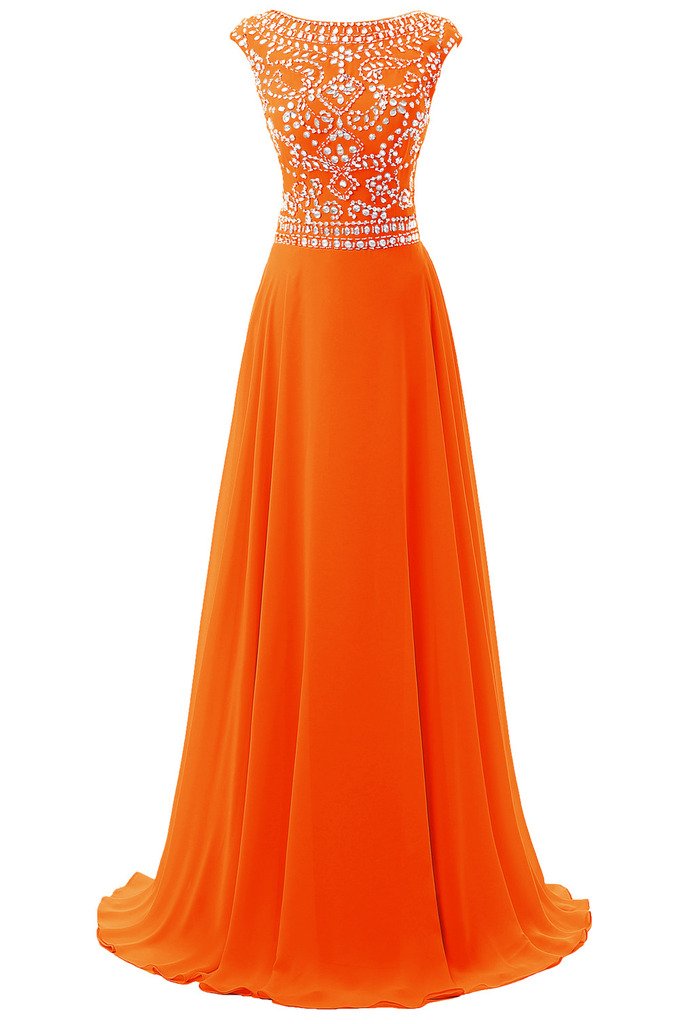Women's Long Chiffon Bridesmaid Dress Cap Sleeves Beaded Prom Eveing Gown Orange US 10