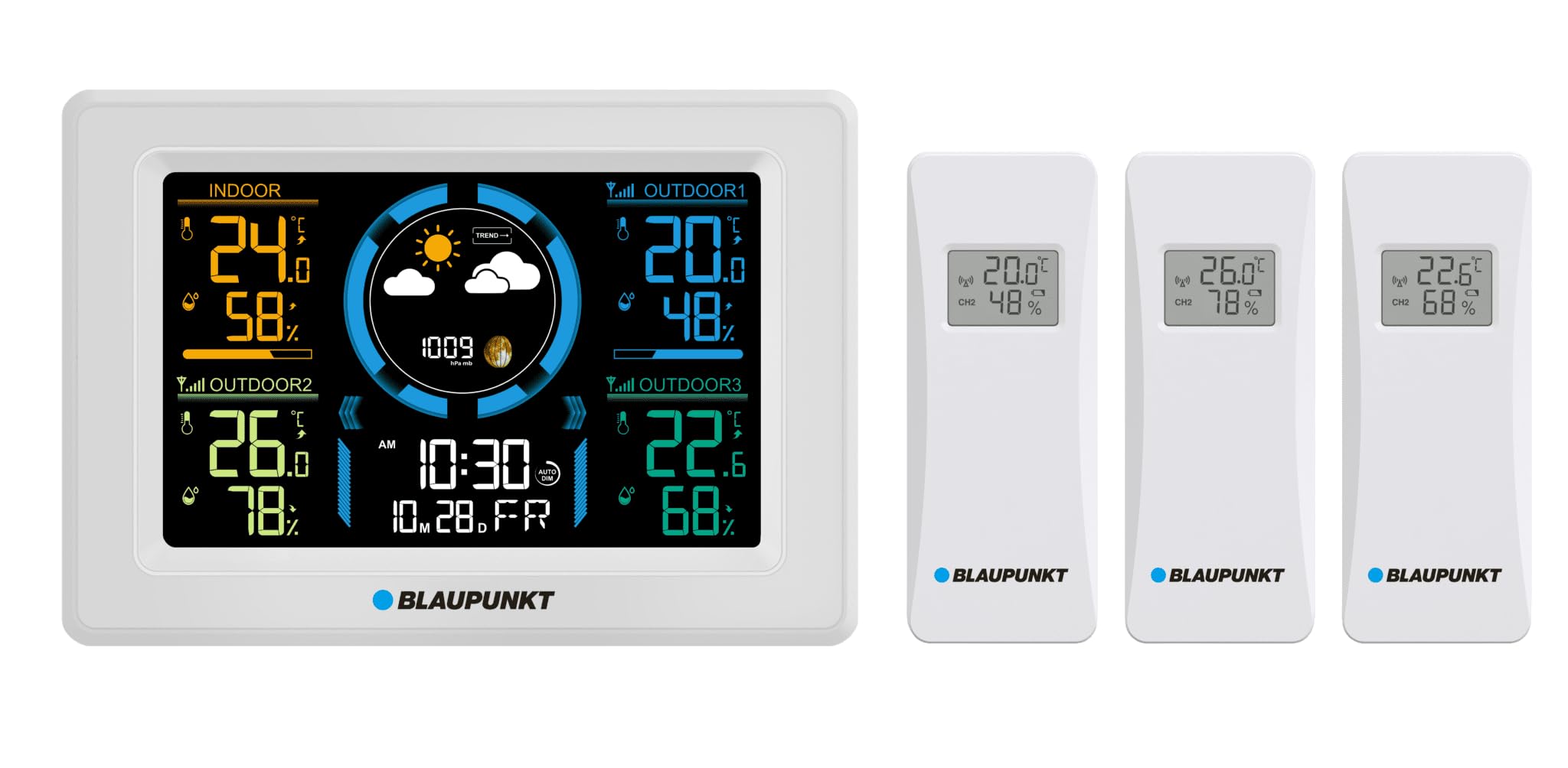 Blaupunkt WS40WH Wetterstation mit 3 externen Temperatur- und Luftfeuchtigkeitssensoren LCD-Display