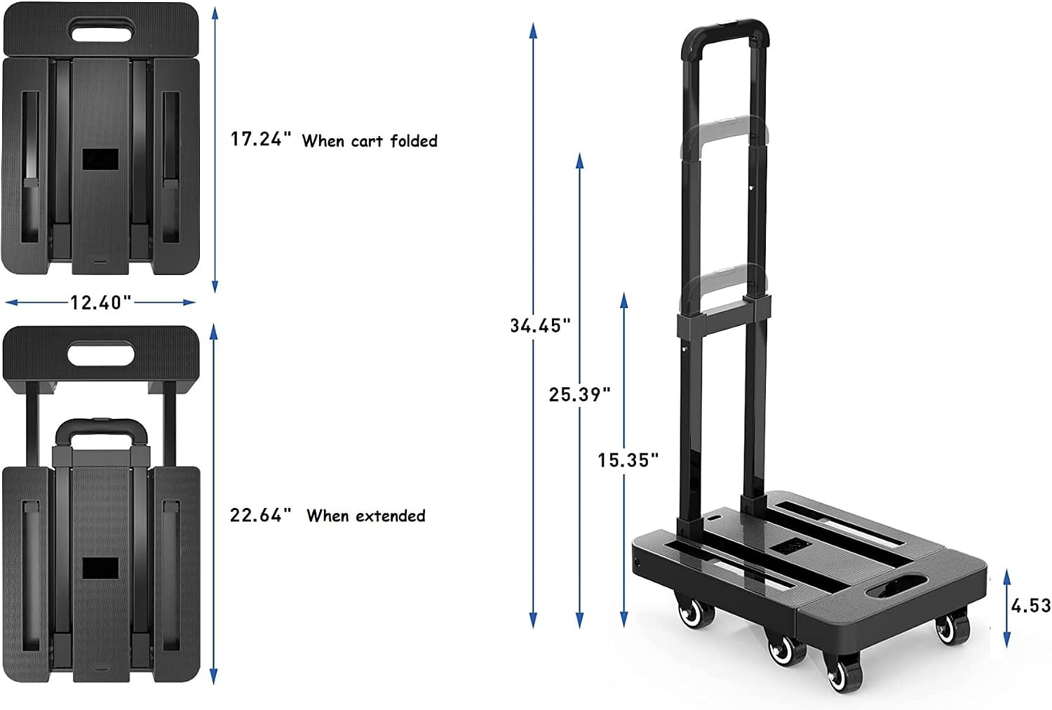 Mount Plus A3 Folding Hand Truck, 6 Wheels Fold Up Hand Cart with 2 Elastic Ropes, Portable 500lbs Capacity Heavy Duty Luggage Cart, Utility Dolly Platform Cart for Car, House and Office