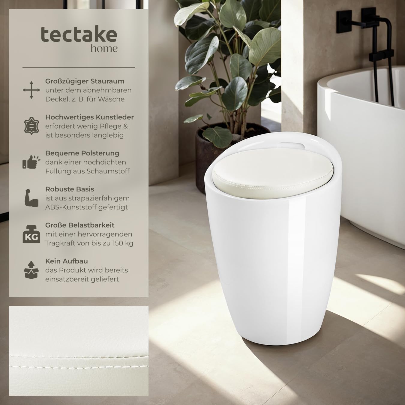 tectake® Sitzhocker, Badhocker, Hocker mit Stauraum und Sitzkissen, als Badezimmer Deko und Wäschekorb mit Deckel, Möbel für Dusche, Badezimmer, Hocker Schminktisch, Wäschekorb schmal, rund - weiß