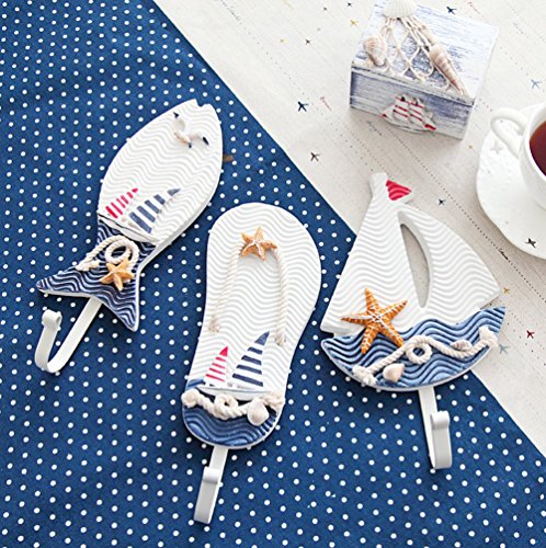 Aligle Tm Large Art Hook Wooden Nautical Coat Hat Clothes Towel Wall Hooks Hangers Hanging Decoration Wall Mounted Key Hook Metal Home Decor 3Pcs Mediterranean Style Slippers Sailing Fish Utility Hook #TOP7