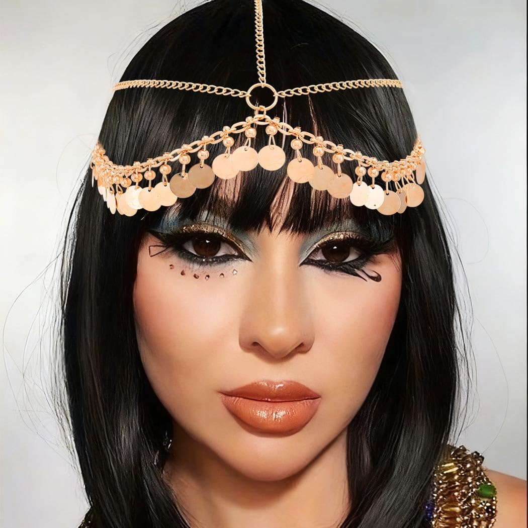 CAKURE Boho Sequin Head Chain Gold Headpiece Jewelry Halloween Cleopatra Hair Accessories for Women