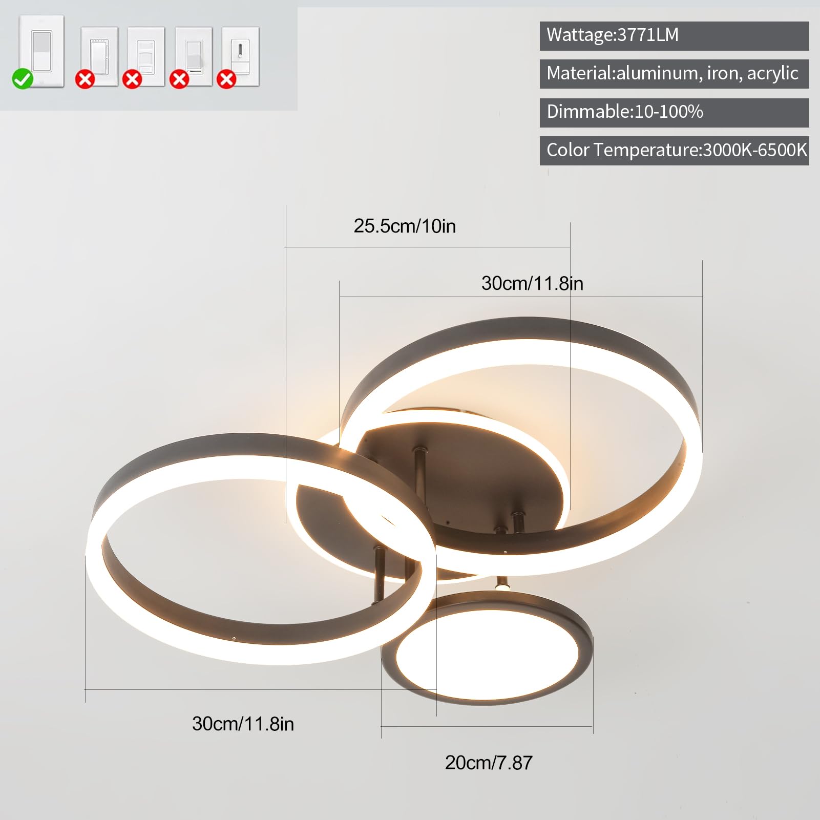 LED Deckenlampe Wohnzimmer 45W Dimmbar Deckenleuchte Schlafzimmer | 54CM 3771LM Moderne Fernbedienung Dimmbar Nachtlicht Memory-Funktion für Esszimmer Küche Schwarz 4-Ringe Design 3000-6500K