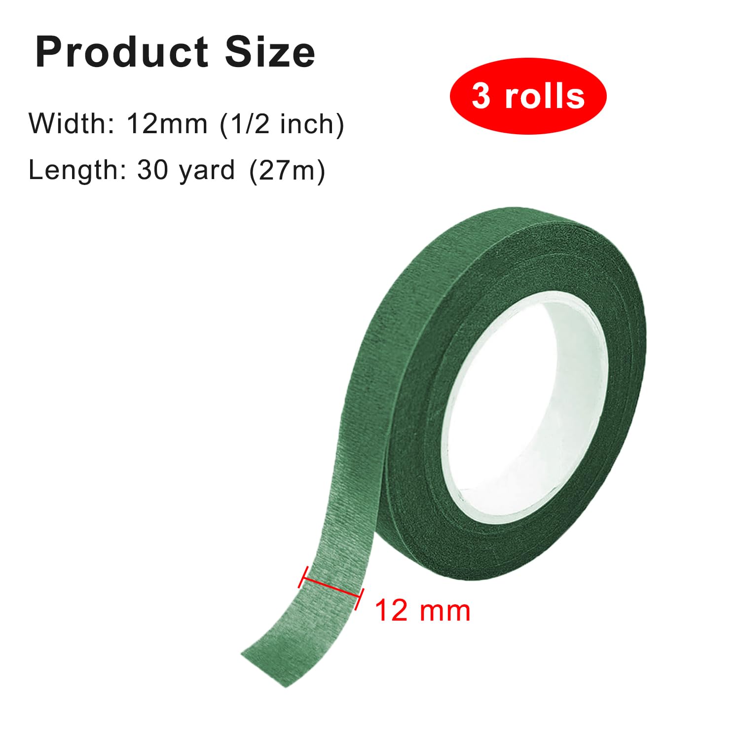 Qikaara 3 Rolls Florist Tape Green, 12 mm x 27 m Floral Tape for Bouquet Stem Wrapping Flower Arrangement - Image 2