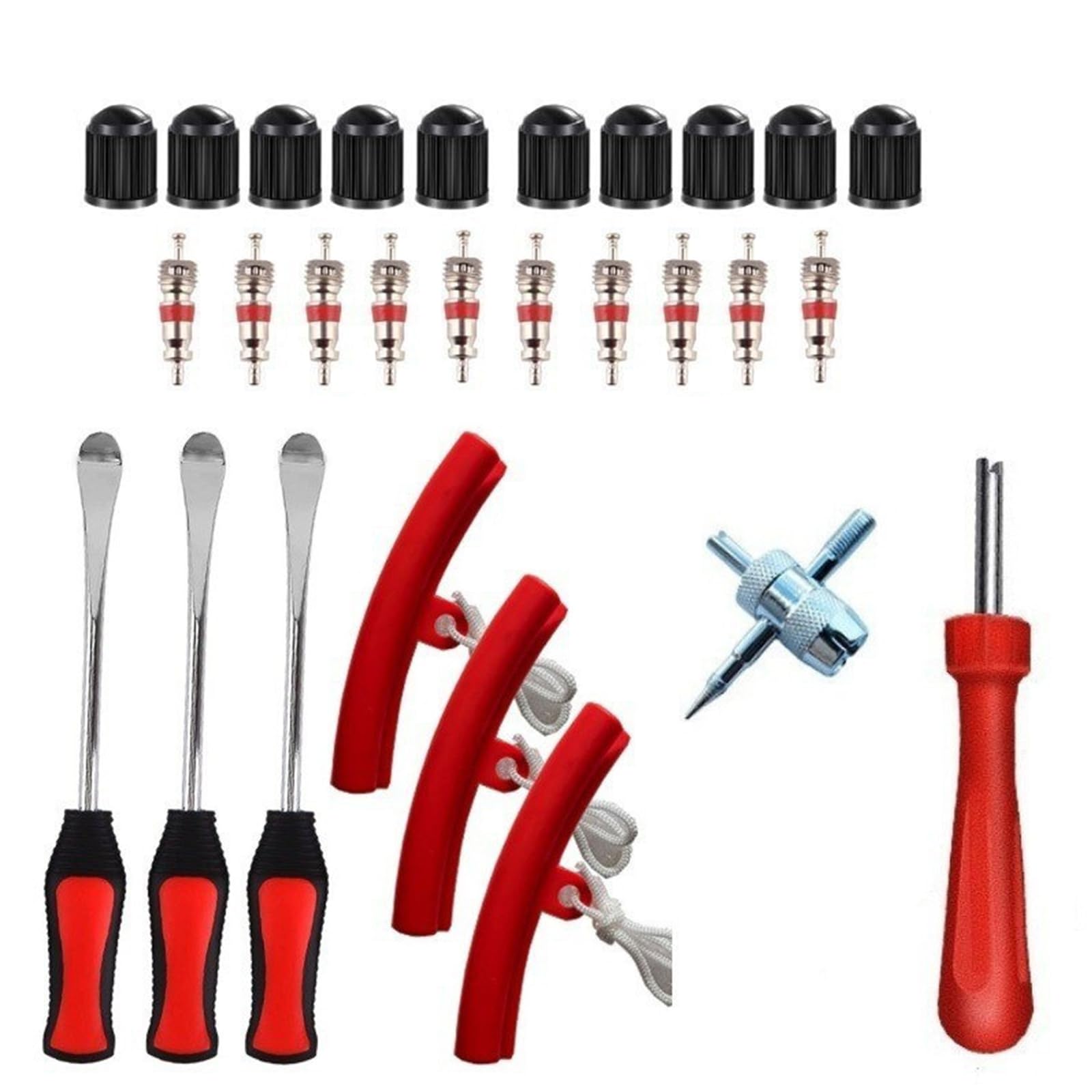28pcs Desmontadora de Neumaticos Moto, Palancas para Desmontar Neumaticos con 3 Ruedas Protectores de Llanta, Herramientas de Extracción de Válvula para Motocicleta, Bicicleta, Carro Neumático