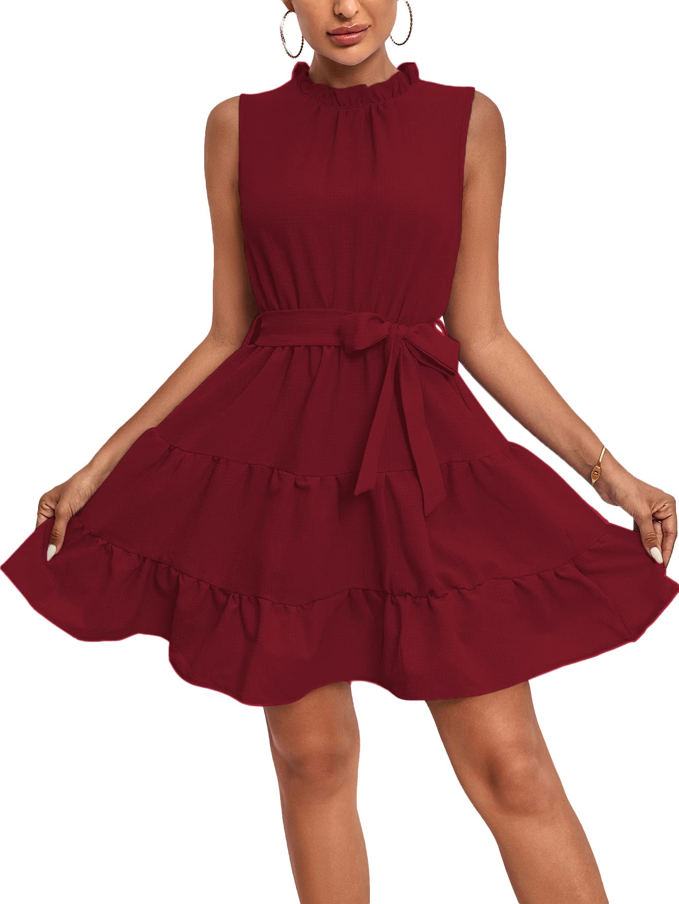 Umenlele Vestido corto para mujer, con cuello redondo, sin mangas, con nudo de corbata, cintura alta, volantes en capas, Rojo vino, S