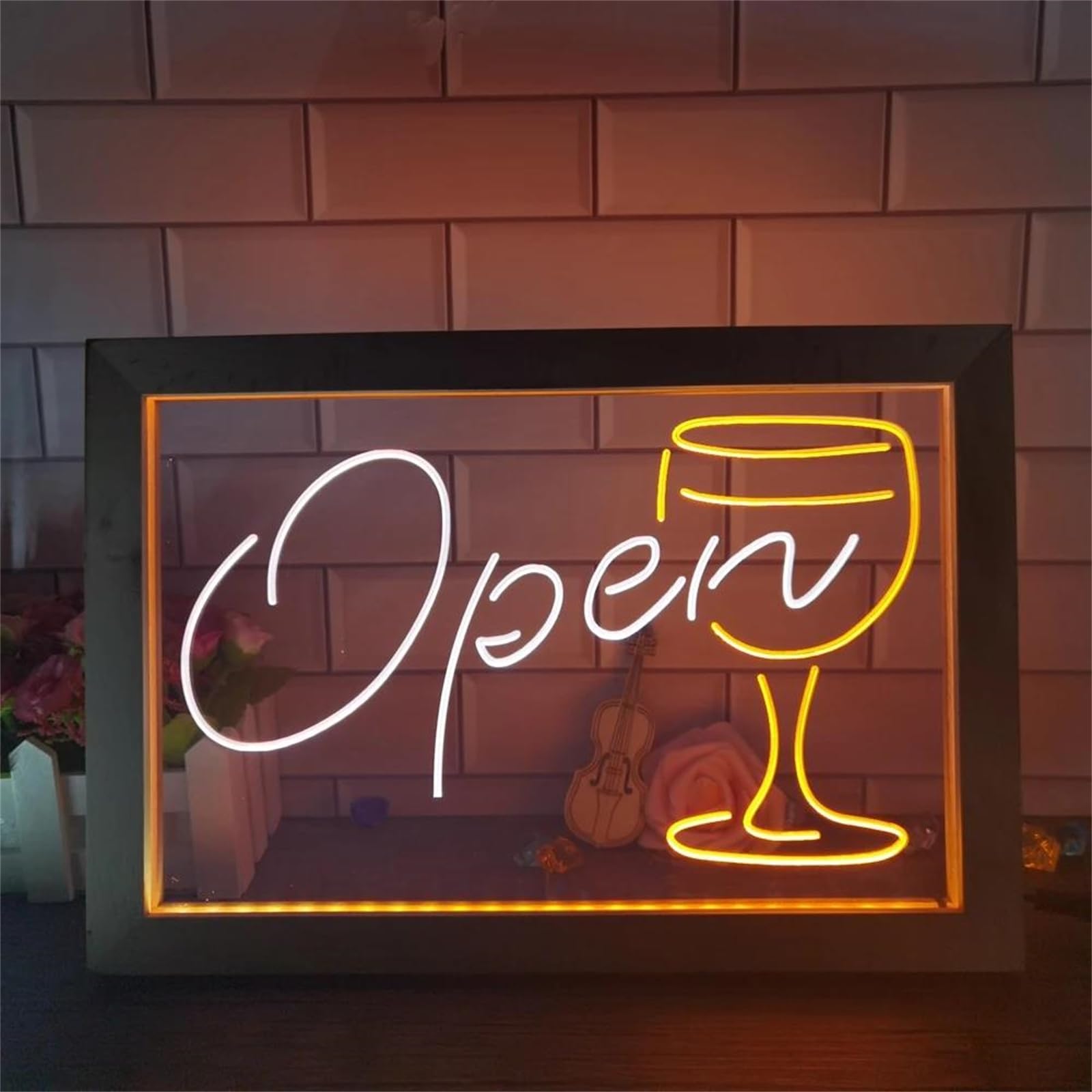Insegne al neon a LED aperte, luci al neon personalizzate alimentate tramite USB con cornice per foto in legno, per la decorazione dell'oscuramento di cocktail bar wine club,White orange,42x32cm