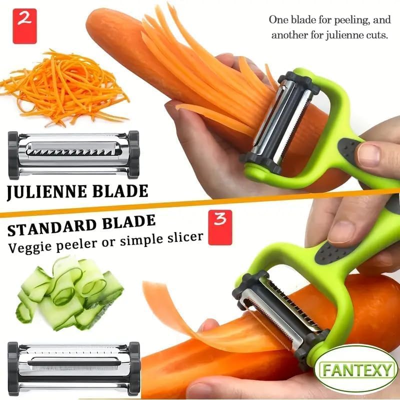 Image of Multi-Functional Vegetable Peeler | Stainless Steel 3-in-1 Julienne Cutter & Slicer | Multipurpose Kitchen Peeler for Potato, Carrot, Cucumber | Ergonomic Anti-Slip Handle